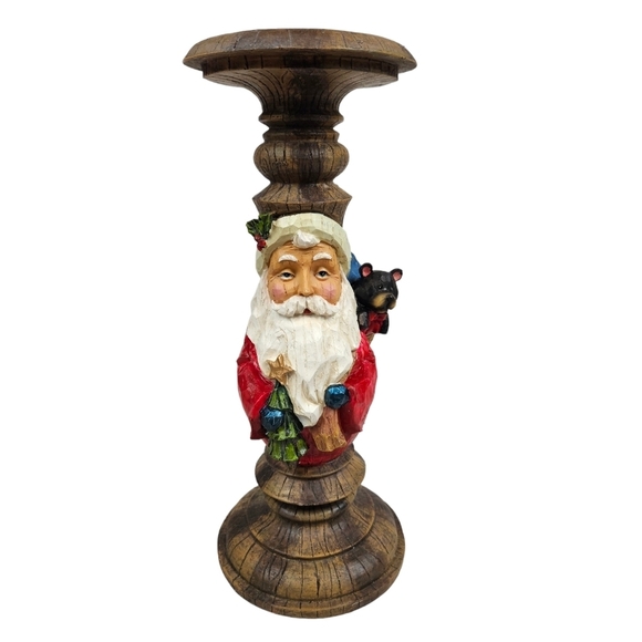 Carved Old World Victorian Santa Claus Pillar Candle Holder Painted Resin in Box - Picture 3 of 10